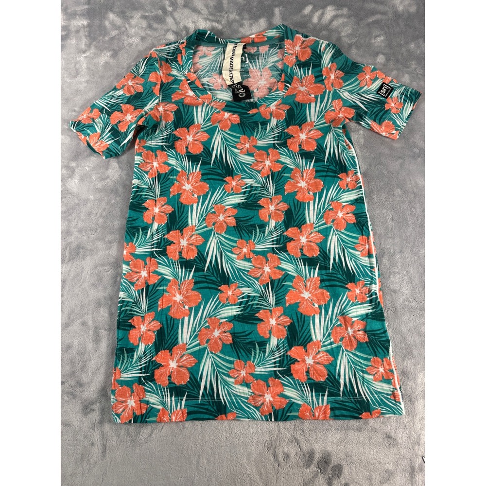 Super.Natural Merino Wool Blend Tropical Hibiscus T-Shirt XS Green Orange NWT